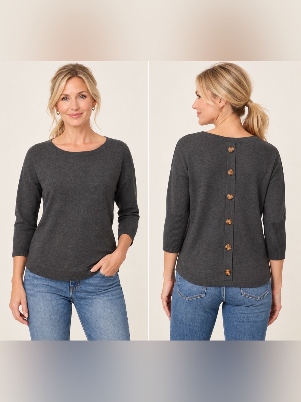 Melissa  Paige  Boatneck  Button-Back 3/4 Sleeve Gray Sweater size Medium